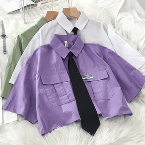 jk制服工装领带紫色衬衫女设计感小众短款港风外穿百搭短袖上衣夏
