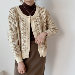 针织开衫女秋冬2021新款宽松显瘦洋气对襟混色慵懒风加厚毛衣外套