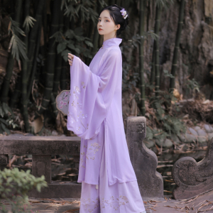 夏季新款紫色超仙明制汉服女半透明立领长衫大袖衫宽松防晒三件套