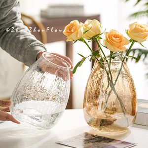 特大号轻奢琉光冰花玻璃花瓶透明花器美式家居装饰水养插花瓶摆件
