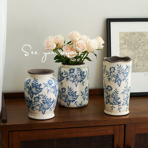 新中式高级感复古青花瓷陶瓷花瓶客厅仿古冰裂纹插花家居装饰摆件