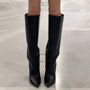 欧美尖头长靴女2023年秋季新款大筒围显瘦直筒裤管靴子坡跟骑士靴