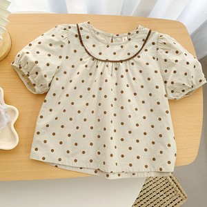 24夏季新款女童波点复古娃娃衫儿童纯棉洋气泡泡短袖上衣宝宝衬衫
