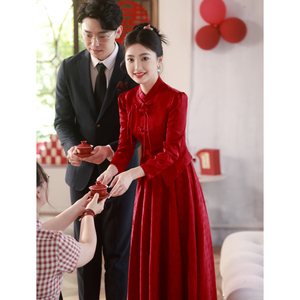 中式敬酒服2024新款新娘春季长袖回门服红色订婚礼服女旗袍秀禾服