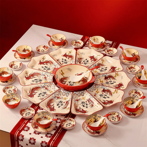 中式创意陶瓷拼盘套装组合家用碗盘碟菜盘团圆拼盘餐具年夜饭圆桌
