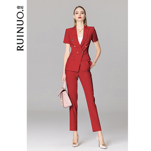 睿诺红色西装套装女夏季短袖职业装主持人正装薄款修身小个子工服