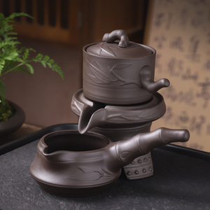 紫砂节节高升石磨自动壶+公道杯 家用紫砂创意懒人自动茶具茶壶
