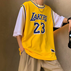 nba湖人队詹姆斯23号短袖t恤男潮牌假两件球衣美式学院风宽松半袖