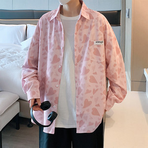 粉色ins痞帅爱心衬衫男长袖薄款外套宽松大码奶狗穿搭cityboy衬衣