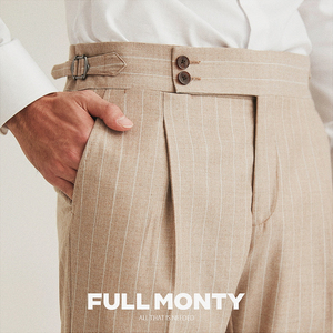 FULL MONTY那不勒斯西裤男士商务正装休闲高腰条纹直筒羊毛西服裤