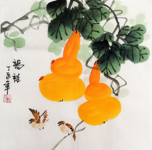 特价手绘真迹国画写意斗方花鸟画 客厅书房装饰字画葫芦福禄图zw6