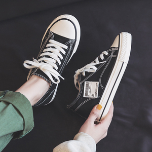 黑色帆布鞋女2021年新款ulzzang韩版百搭ins街拍潮鞋厚底休闲板鞋