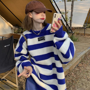 蓝白条纹毛衣女秋冬设计感小众加厚克莱因蓝慵懒风打底衫针织上衣
