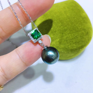 diy珍珠配件 s925纯银绿宝石方糖吊坠空托半成品项链坠子配饰女神