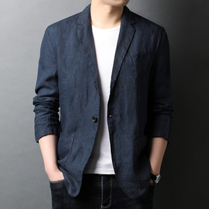 休闲西装外套男100%亚麻春秋季麻料夏季薄款男士小西服上衣单件装