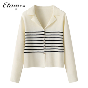 Etam/艾格ES2023秋新款法式翻领短款外套薄款毛衣条纹针织开衫女