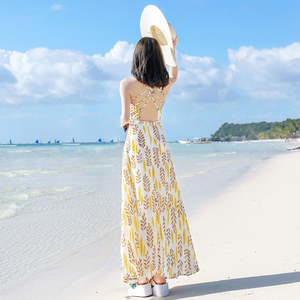 露背沙滩裙海边度假超仙女雪纺吊带连衣裙夏季新品泰国巴厘岛长裙