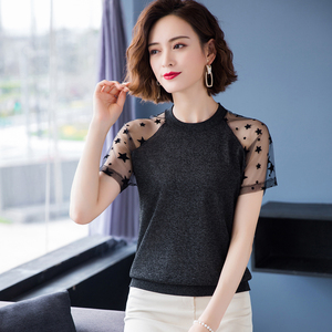 冰丝针织衫短袖t恤女士夏季2020年新款宽松薄款t桖亮丝上衣闪光丝