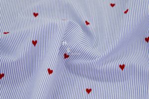 植物绒红色小爱心蓝色细条纹 府绸纯棉布料 连衣裙衬衫设计师面料