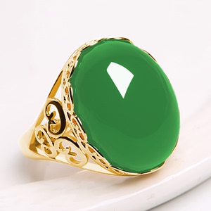 金戒指玉髓女金色纯银时尚个性复古绿色玛瑙指环高级感送妈妈女士