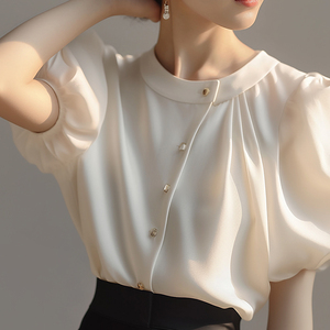品牌折扣女装专柜外贸法式气质白色圆领泡泡袖衬衫夏通勤真丝衬衣