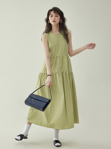「北岛AMUU原创」圆领绿色无袖连衣裙女夏季设计感拼接背心裙子女