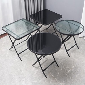 折叠餐桌奶茶店简易小圆桌阳台家用钢化玻璃小圆桌子户外打牌桌子