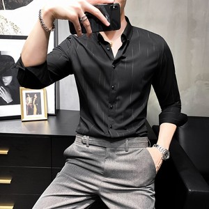 衬衫男士夏季长袖黑色条纹高级感抗皱易打理商务修身休闲衬衣薄款