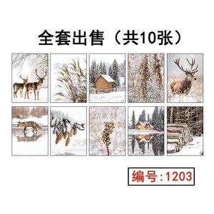 北欧简约冬季唯美雪景装饰画图片雪中麋鹿松鼠树林木屋打印素材