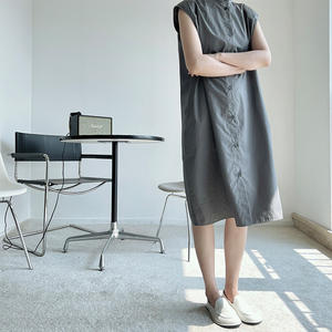 qingling初秋木耳领气质简约无袖垫肩陨石灰半高领直筒连衣裙女