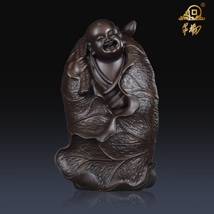 黄泉福正品木雕工艺品黑檀木雕刻创意仁和童子摆件结婚礼物摆设品