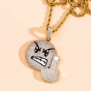 emoji表情愤怒竖中指吊坠满锆石个性嘻哈潮人项链配饰金澳饰品