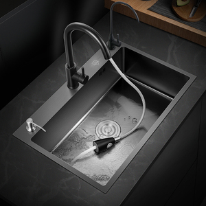 艾莱美洗菜盆水槽 单槽纳米三孔洗碗槽黑色厨房水池不锈钢台下盆