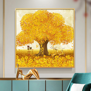 黄金满地摇钱发财树饭厅餐厅装饰画现代高档招财壁画玄关客厅挂画