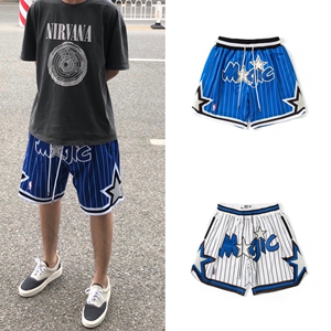 奥兰多魔术队复古美式球裤高街五分麦迪短裤白训练au篮球裤网眼蓝