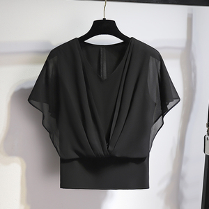 黑色法式飞飞袖雪纺上衣女短袖2024新款夏高级感独特别致漂亮小衫