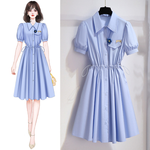 蓝色衬衫连衣裙女夏2022新款气质收腰显瘦小个子仙女裙子超仙森系