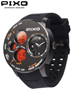 PIXO毕尚男士大盘手表数字石英表防水多功能电子运动休闲精钢腕表