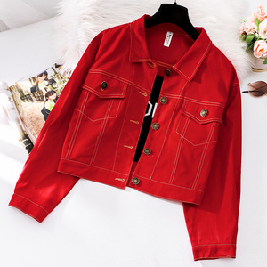 红色牛仔外套女2022春秋新款加绒加厚宽松休闲长袖短款夹克上衣潮
