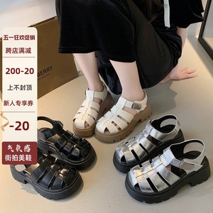 韩国厚底包头罗马凉鞋女2024夏季新款镂空编织女鞋粗跟增高猪笼鞋