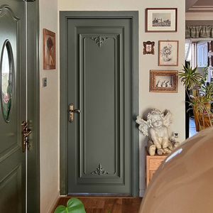 轻奢法式实木门绿色雕花扣线房间门平开门室内门卧室门别墅烤漆门