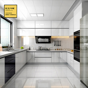 现代简约白色高光橱柜定做 云石板晶钢板橱柜定做开放式u型厨房柜