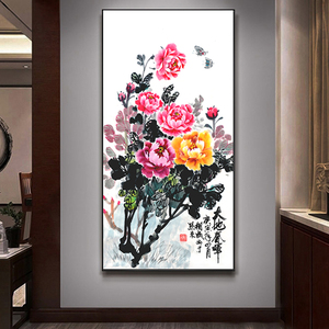 牡丹花挂画装饰画玄关过道新中式入户门厅壁画卧室走廊花开富贵鸟