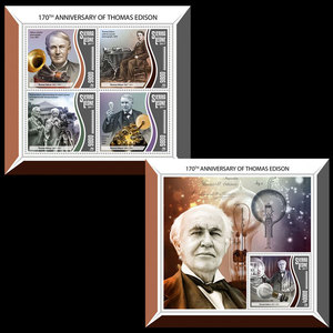 塞拉利昂2017美国爱迪生发明家灯泡留声机电影摄影机邮票2m全新