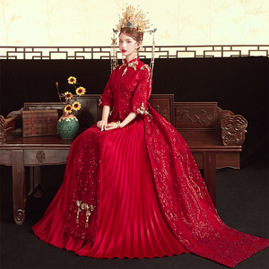 秀禾服女新娘2019新款凤冠霞帔拖尾秀禾婚纱中式