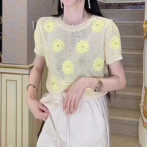 法式黄色小雏菊刺绣冰丝短袖T恤女夏季薄款亮片针织衫上衣高级感