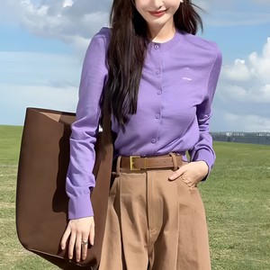 韩国chic洋气减龄紫色长袖针织开衫女秋季新款修身百搭短款上衣