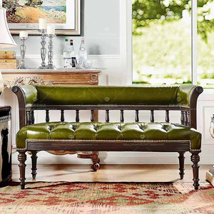 美式乡村实木雕花休闲沙发椅 欧式别墅实木双人沙发 法式皮艺沙发