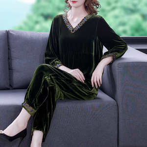 贵夫人春秋女装高端品牌金丝绒套装中年妈妈洋气时尚阔太太两件套