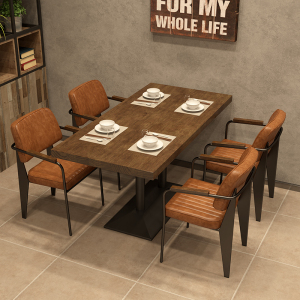 工业风长方形桌子西餐厅饭店实木餐桌商用咖啡厅复古铁艺桌椅组合